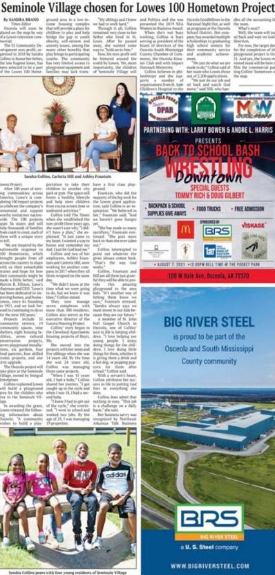 Newspaper coverage of Seminole Village chosen for Lowe's 100 Hometown Project